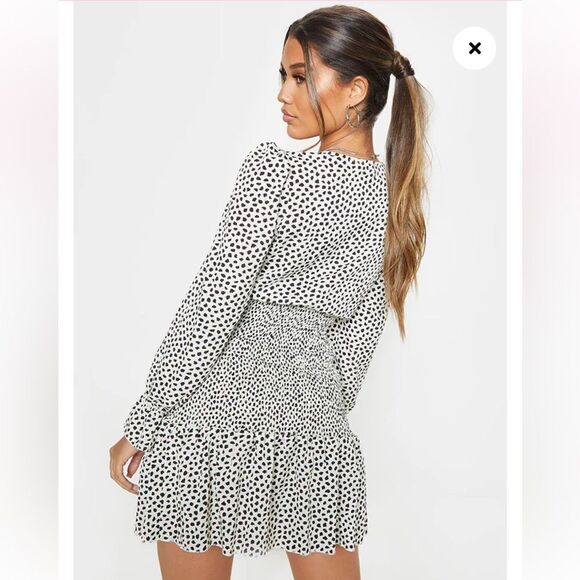 PrettyLittleThing Beige Dalmatian Print Shirred Frill Hem Bodycon Dress - Picture 2 of 6